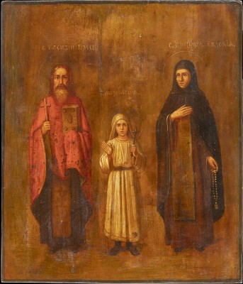 Auktion 142<br>IKONE MIT DEN HEILIGEN WASSILIJ, EUDOKIA UND AGNIA
