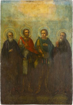 Auktion 142<br>GROSSE IKONE MIT VIER AUSGEWÄHLTEN HEILIGEN, DARUNTER DIE KRIEGERHEILIGEN THEODOR UND JOHANNES