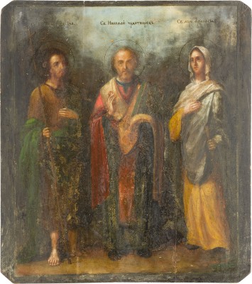 Auktion 142<br>GROSSE IKONE MIT DEN HEILIGEN JOHANNES DEM VORLÄUFER, NIKOLAUS VON MYRA UND ATHANASIA