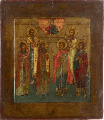 Auction 142<br>DATIERTE IKONE MIT SECHS AUSGEWÄHLTEN HEILIGEN, DARUNTER DIE HEILIGEN KOSMAS UND DAMIAN