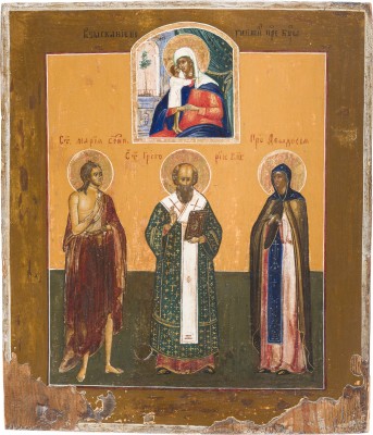 Auktion 142<br>IKONE MIT DER GOTTESMUTTER 'AUFFINDEN DER VERLORENEN' UND DEN HEILIGEN MARIA VON ÄGYPTEN, GREGOR DEM GROSSEN UND FEODOSIJA