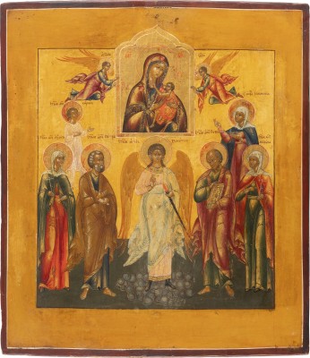 Auktion 142<br>FEINE IKONE MIT DER GOTTESMUTTER 'O VSEPETAJA MATI' (OH DU VON ALLEN GEPRIESENE MUTTER), DEM SCHUTZENGEL UND SECHS HEILIGEN