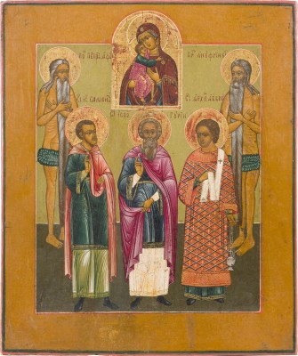Auction 142<br>IKONE MIT DEN HEILIGEN SAMON, GURIJ UND AVIV SOWIE DEN EREMITEN PETER VOM ATHOS UND ONUPHRIUS