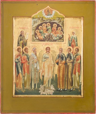 Auktion 142<br>SEHR FEINE IKONE MIT DEM SCHUTZENGEL, ACHT FAMILIENHEILIGEN UND DEN SIEBEN SCHLÄFERN VON EPHESOS