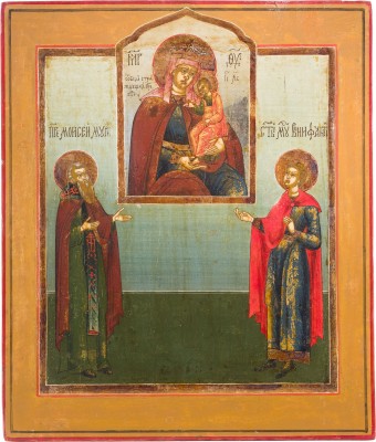 Auction 142<br>IKONE MIT DER GOTTESMUTTER 'LABSAL DER LEIDENDEN' MIT DEN HEILIGEN MOISIJ UND BONIFATIUS