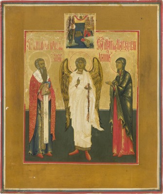 Auktion 142<br>IKONE MIT DEM SCHUTZENGEL FLANKIERT VON DEN HEILIGEN BASILIUS DEM GROSSEN UND MARIA MAGDALENA