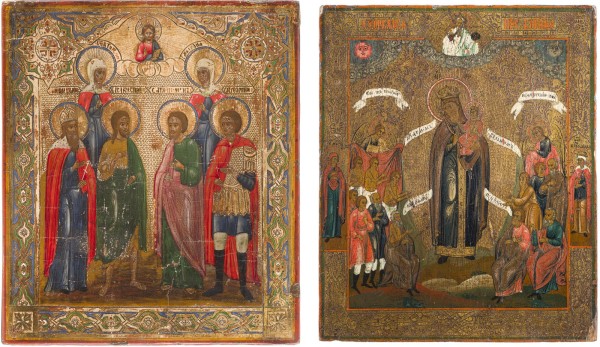 Auction 142<br>ZWEI IKONEN: GOTTESMUTTER 'FREUDE ALLER LEIDENDEN' UND PATRONATSIKONE MIT SECHS HEILIGEN