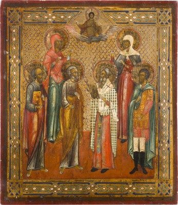 Auction 142<br>PATRONATSIKONE MIT SECHS AUSGEWÄHLTEN HEILIGEN, DARUNTER DIE APOSTEL PETRUS UND PAULUS