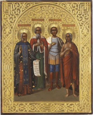 Auktion 142<br>KLEINE IKONE MIT DEN HEILIGEN SERGEJ VON RADONESCH, ELIAS, ALEXANDER NEWSKI UND MARIA VON ÄGYPTEN