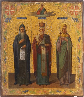 Auction 142<br>IKONE MIT DEN HEILIGEN ANTONIUS PETSCHERSKIJ, NIKOLAUS VON MYRA UND ANISIA