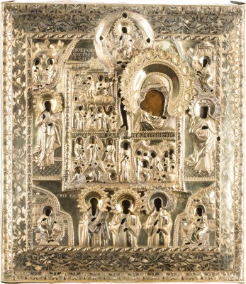Auktion 142<br>FEINE MEHRFELDER-IKONE MIT VERMEIL-OKLAD: GNADENBILDER DER GOTTESMUTTER, VERKLÄRUNG CHRISTI UND HÖLLENFAHRT MIT AUSGEWÄHLTEN HEILIGEN