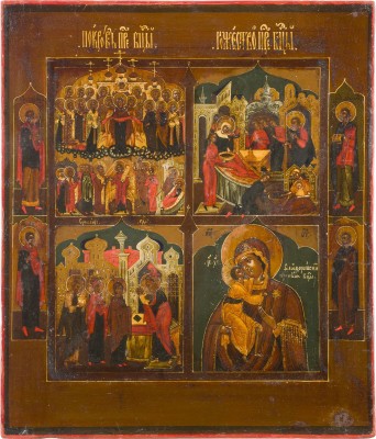 Auction 142<br>FEINE VIERFELDER-IKONE MIT DER GOTTESMUTTER POKROW, DER GEBURT DER GOTTESMUTTER, DER DARBRINGUNG CHRISTI IM TEMPEL UND DER GOTTESMUTTER FEODOROWSKAJA