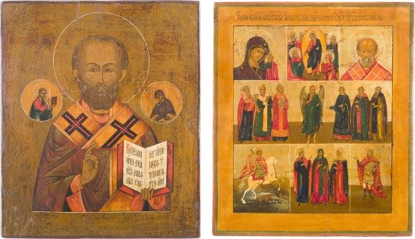 Auction 142<br>ZWEI IKONEN: MEHRFELDER-IKONE MIT AUSGEWÄHLTEN HEILIGEN UND HEILIGER NIKOLAUS VON MYRA