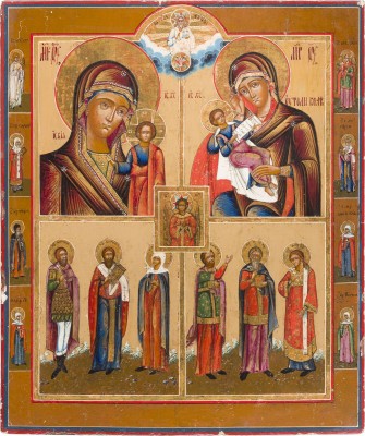 Auktion 142<br>GROSSFORMATIGE VIERFELDER-IKONE MIT CHRISTUS, DEM GÜTIGEN SCHWEIGEN; GNADENBILDERN DER GOTTESMUTTER UND HEILIGEN
