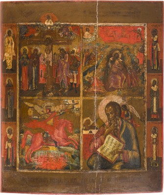 Auction 142<br>GROSSFORMATIGE VIERFELDER-IKONE MIT DER KREUZIGUNG CHRISTI, DEM PROPHETEN ELIAS, DEM ERZENGEL MICHAEL UND JOHANNES, THEOLOGE IM SCHWEIGEN
