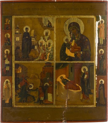 Auction 142<br>VIERFELDER-IKONE MIT GNADENBILDERN DER GOTTESMUTTER UND DER ENTHAUPTUNG JOHANNES DES VORLÄUFERS