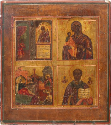 Auktion 142<br>VIERFELDER-IKONE MIT GNADENBILDERN DER GOTTESMUTTER, DER GEBURT JOHANNES DES VORLÄUFERS UND DEM HEILIGEN NIKOLAUS VON MYRA