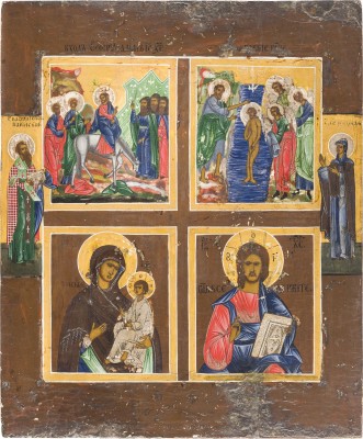 Auktion 142<br>GROSSE VIERFELDER-IKONE MIT DEM EINZUG NACH JERUSALEM, DER TAUFE, DER GOTTESMUTTER UND CHRISTUS