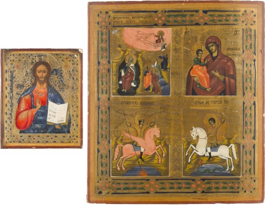 Auktion 142<br>ZWEI IKONEN: CHRISTUS PANTOKRATOR UND VIERFELDER-IKONE MIT ELIAS, DER GOTTESMUTTER, DEM ERZENGEL MICHAEL UND GEORG