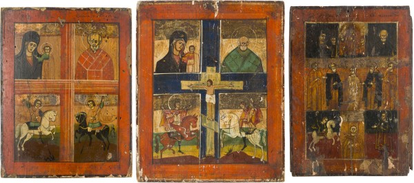 Auktion 142<br>DREI MEHRFELDER-IKONEN MIT DER GOTTESMUTTER VON KASAN UND HEILIGEN