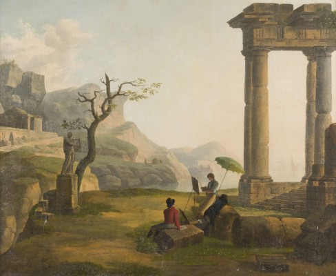 Auktion 146<br>IDEALE LANDSCHAFT MIT ANTIKER ARCHITEKTUR UND ZWEI MALERN IM FREIEN