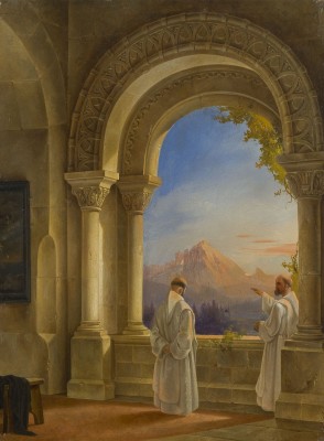 Auction 146<br>ZWEI MÖNCHE IM GESPRÄCH AM KLOSTERFENSTER MIT BLICK AUF EINEN BERG