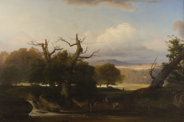 Auction 146<br>ROMANTISCHE LANDSCHAFT MIT BLICK AUF EIN FLUSSTAL UND SPIELENDE KINDER IM VORDERGRUND. 1841