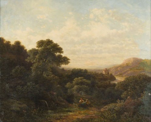 Auction 146<br>SÜDLICHE LANDSCHAFT MIT AN EINER QUELLE RASTENDEN REISENDEN UND EINEM WEITEN BLICK AUF DAS FLUSSTAL. 1864