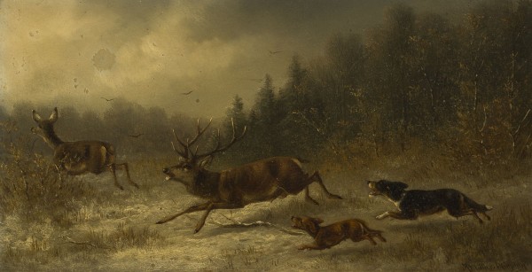 Auction 146<br>PAAR GEMÄLDE: DER HERR UND SEIN HUND ERSCHRECKEN REHE BEI EINEM WALDSPAZIERGANG. JAGDSZENE IN EINER WINTERLANDSCHAFT