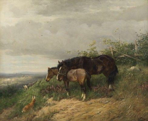 Auktion 146<br>STUTE UND IHR FOHLEN SCHAUEN DEN HASEN AUF EINEM FELD ZU