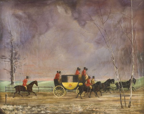 Auktion 146<br>ENGLISCHE KÖNIGS POSTKUTSHCE IM AUFZIEHENDEN SCHNEESTURM. 1831
