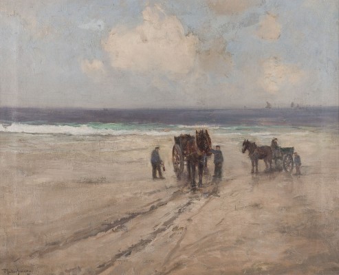 Auktion 146<br>BLICK AUF DIE KÜSTE MIT KARREN VON KRABBENFISCHERN. 1909