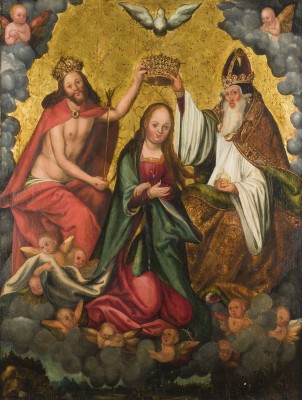 Auktion 146<br>LANDSCHAFT MIT DER KRÖNUNG MARIÄ, UMGEBEN VON EINEM WOLKENBAND UND SCHWEBENDEN ENGELN, UM 1510-20