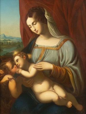 Auction 146<br>DIE JUNGFRAU UND DAS KIND MIT DEM SÄUGLING JOHANNES DEM TÄUFER, WOBEI DAS CHRISTUSKIND AUF IHREM SCHOSS LIEGT UND SICH UMDREHT, UM DEN TÄUFER ZU KÜSSEN