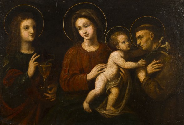 Auction 146<br>HEILIGE FAMILIE MIT DER JUNGFRAU UND DEM KINDE, JOHANNES, DER EINEN KELCH, AUS DEM DAS GIFT IN FORM EINER SCHLANGE ENTWEICHT UND DEM HEILIGEN FRANZISKUS
