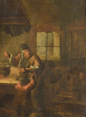 Auction 146<br>KOCHENDE WIRTIN MIT PFEIFE RAUCHENDEN UND TRINKENDEN BAUERN IM WIRTSHAUS