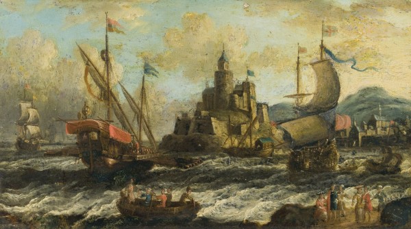 Auktion 146<br>SCHIFFE IM HAFEN VOR MITTELALTERLICHER BURGANLAGE