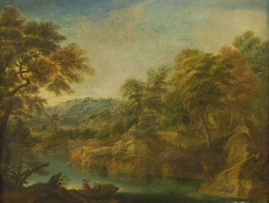 Auktion 146<br>FLUSSLANDSCHAFT MIT REITER, MÜHLE, FÄHRMANN UND BÄUERLICHEM ANWESEN