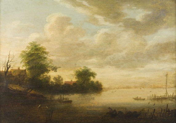 Auktion 146<br>FLUSSLANDSCHAFT MIT ANGRENZENDEN BAUERNHÄUSERN AM WASSER UND FISCHERBOOTEN