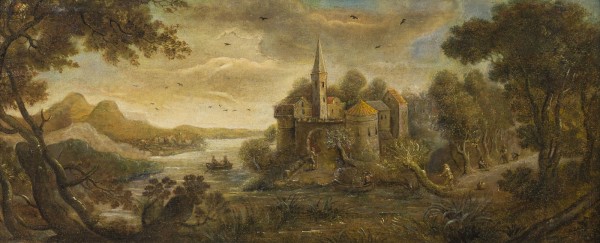 Auktion 146<br>LANDSCHAFT MIT WASSERBURG, BOOTEN UND WANDERERN