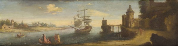 Auktion 146<br>IDEALE HAFENLANDSCHAFT MIT ANLANDENDEM SCHIFF, FESTUNGSANLAGE UND BOOTEN