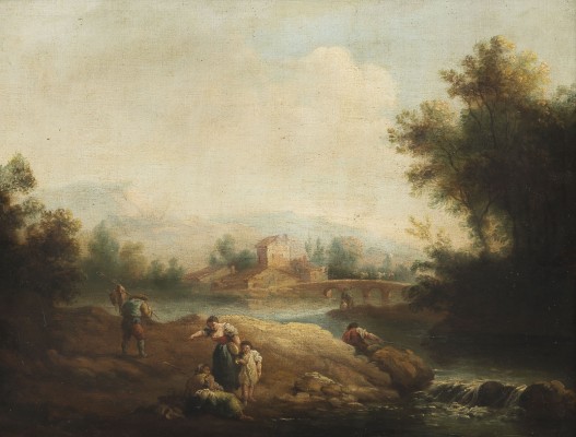 Auktion 146<br>LÄNDLICHE LANDSCHAFT MIT BÄUERINNEN UND KINDERN AM FLUSS