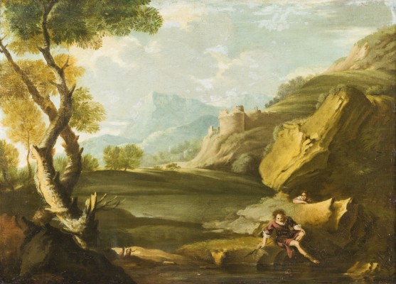Auktion 146<br>IDEALE GEBIRGIGE LANDSCHAFT MIT BURGRUINE UND RASTENDEN PERSONEN AM BACH