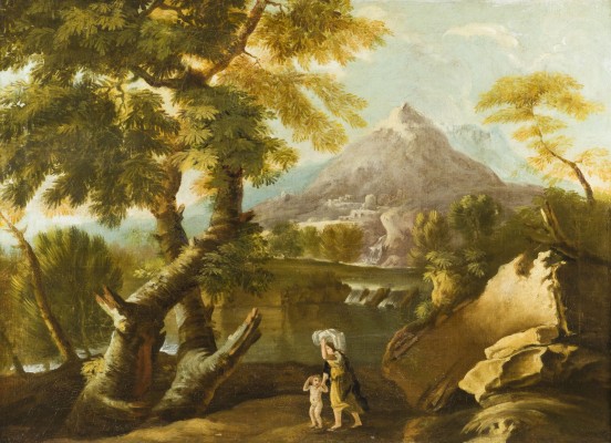 Auktion 146<br>IDEALE GEBIRGIGE FLUSSLANDSCHAFT MIT MUTTER UND KIND