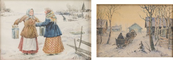 Auktion 147<br>ZWEI ARBEITEN: SCHLITTENFAHRT SOWIE FRAUEN AM EISLOCH