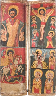 Auction 147<br>PAAR GROSSFORMATIGE FLÜGEL EINES KOPTISCHEN TRIPTYCHONS MIT DER KREUZIGUNG CHRISTI UND AUSGEWÄHLTEN HEILIGEN