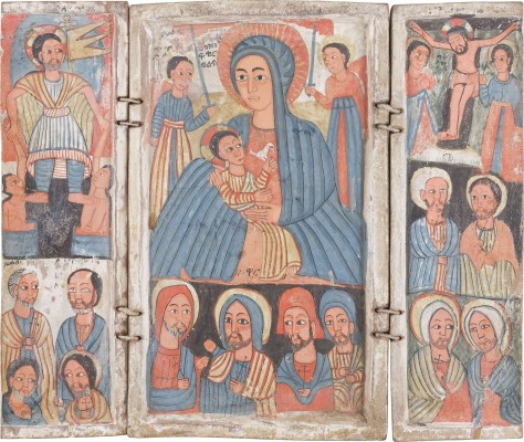 Auktion 147<br>KOPTISCHES TRIPTYCHON MIT DER GOTTESMUTTER, DER HÖLLENFAHRT, DER KREUZIGUNG CHRISTI UND HEILIGEN