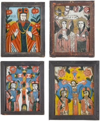 Auction 147<br>VIER HINTERGLAS-IKONEN: VERKÜNDIGUNG, KEUZIGUNG CHRISTI UND DIE HEILIGEN NIKOLAUS, KONSTANTIN UND HELENA