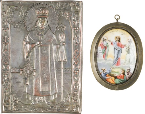 Auction 147<br>FINIFT MIT DER VERKLÄRUNG CHRISTI UND KLEINE IKONE MIT DEM HEILIGEN FEODOSIJ VON UGLITSCH, ERZBISCHOF VON TSCHERNIGOW