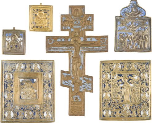 Bild SAMMLUNG VON SECHS BRONZE-IKONEN: DARSTELLUNGEN DER GOTTESMUTTER SOWIE EIN KRUZIFIX
